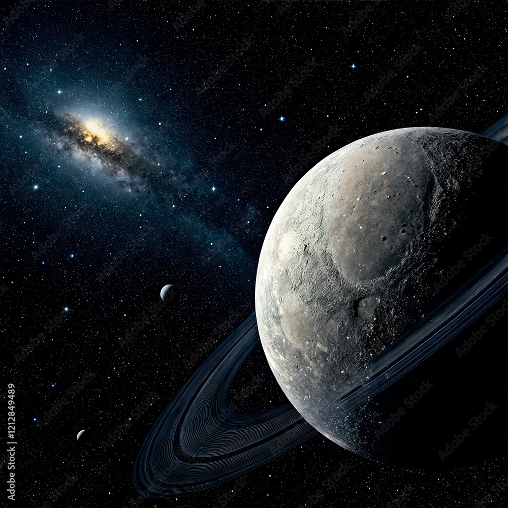 Wall mural an image of a planet with rings and craters against a starry sky and galaxy backdrop.