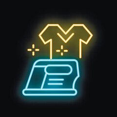 Neon glowing icon of an iron ironing clothes on a black background