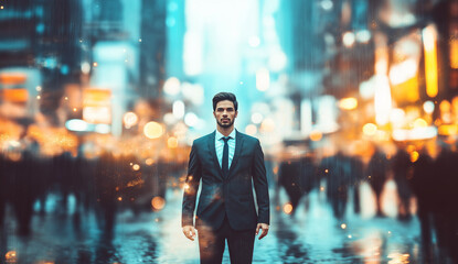 A confident young businessman stands in the center of an urban street, surrounded by blurred figures and moving cars, symbolizing his role as a leader or manager among busy business people