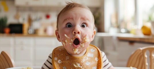 Adorable Baby Enjoying Mashed Potatoes in Bright Kitchen Setting