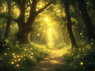 Sunlit forest path with glowing fireflies.