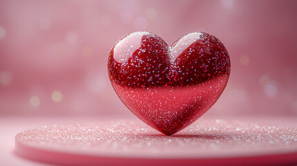 Obraz premium Glossy red heart on pink stage. Sentiment and Valentine's day showcase. 