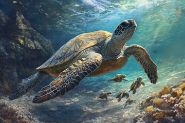 Fototapeta premium Majestic Sea Turtle Swims With Her Young Through Coral Reef