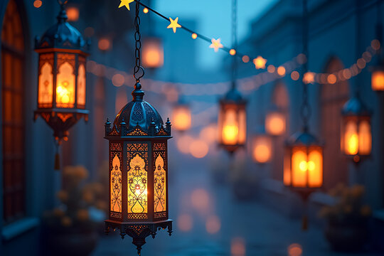 Dreamy Ramadan scene with hanging lanterns and floating stars in celestial ambiance