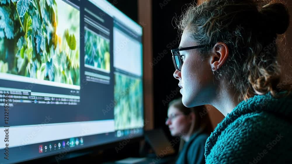 Poster female editor carefully reviewing photos and videos displayed on multiple computer screens in a dark