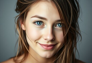 Naklejka premium Portrait of a young woman with disheveled hair and a warm gaze