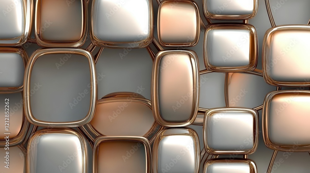 Poster shiny metallic shapes in gold and silver tones creating an abstract design