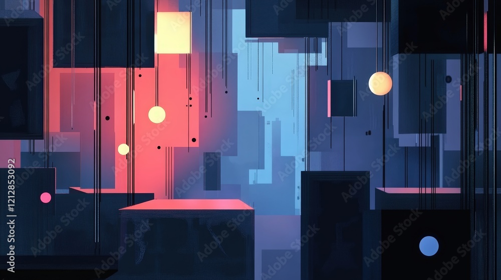 Poster abstract geometry with blue and red color blocks and floating circles