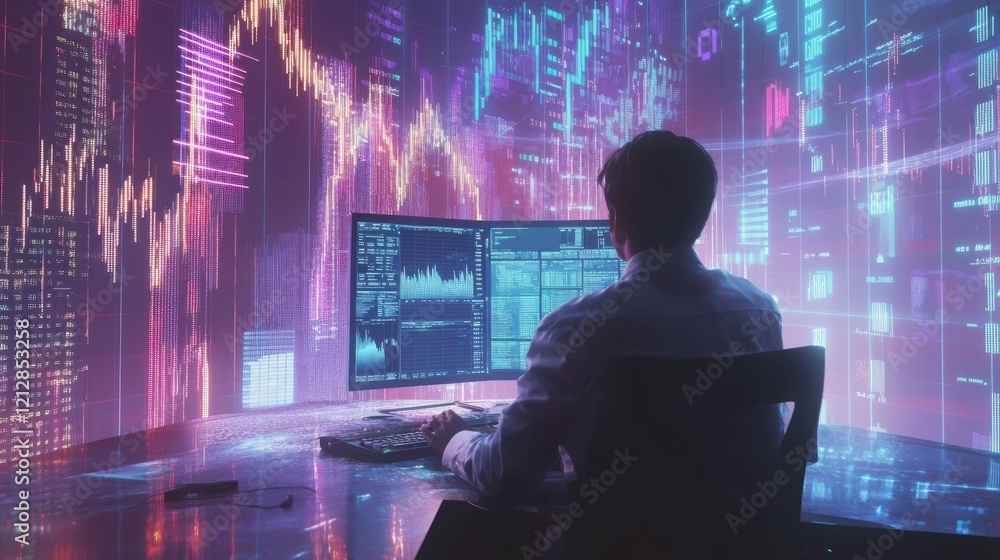 Poster crypto trader investor analyst broker using pc computer analyzing digital cryptocurrency exchange st