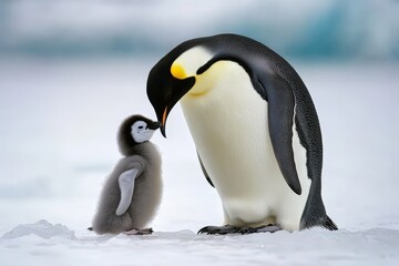 Obraz premium Emperor Penguin Parent and Chick in Antarctica
