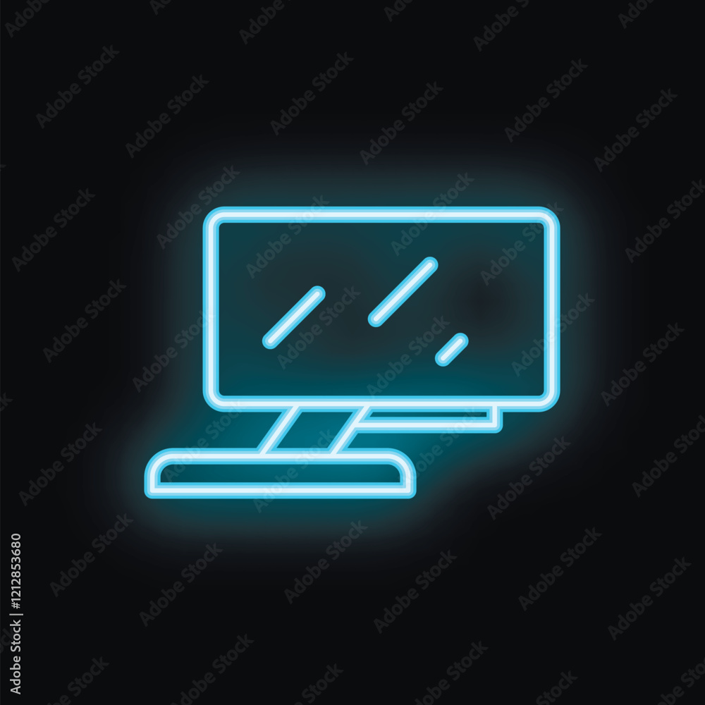 Poster neon icon of computer monitor glowing on dark background