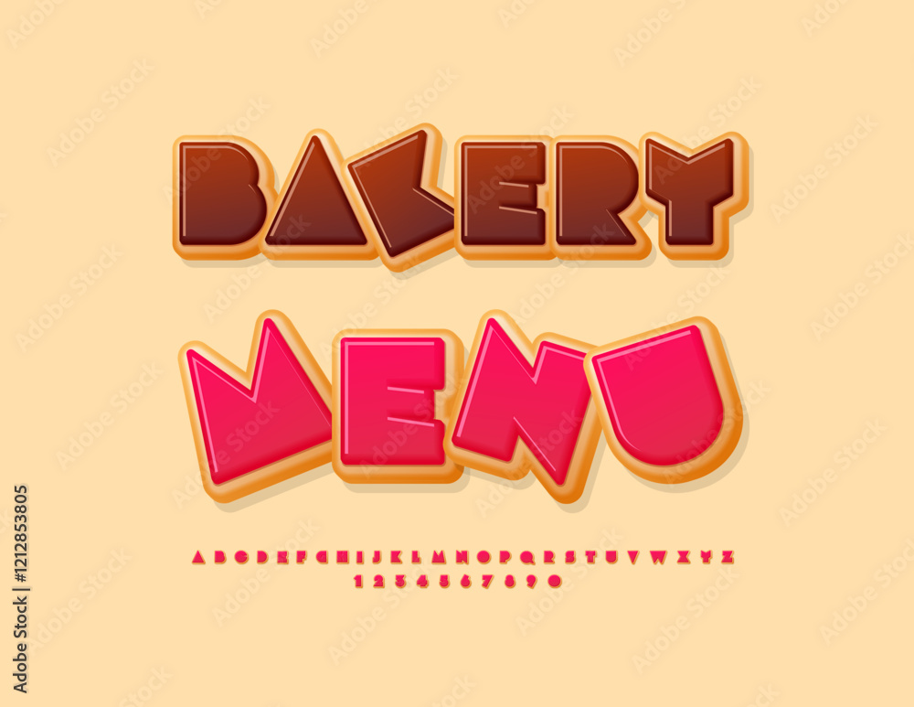 Poster vector sweet advertisement bakery menu with delicious set of alphabet letters and numbers set. cake 