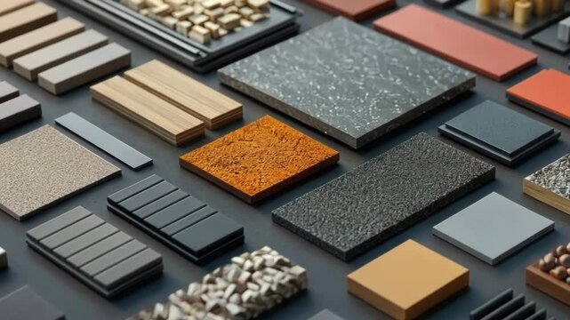 Displaying various construction and finishing materials like wood, metal, concrete, and stone, highlighting textures, colors, and patterns for architectural and interior design projects