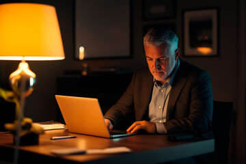 A mature businessman focuses on his laptop while working late at his desk, illuminated by warm lamp light in a dim office.