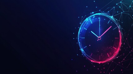 Clock with glowing face surrounded by a network of connections representing time management and technology