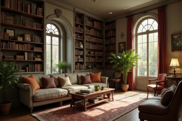 A serene library corner integrating personalized content delivery and relaxation