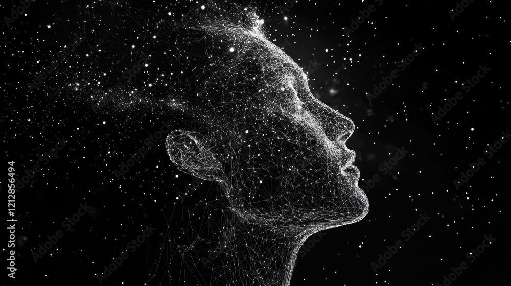 Poster mans head silhouette surrounded by a network of interconnected lines and dots representing connectio