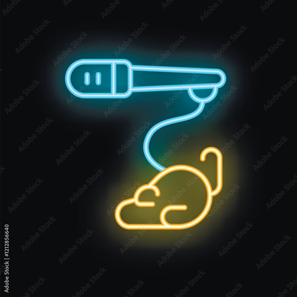 Poster bright neon icon of a computer mouse connected to a microphone is set against a black background