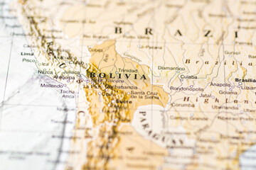 World map. Bolivia map, world tourism, tourist destination. Political map close-up.