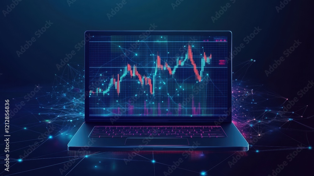 Poster laptop displaying a financial chart on the screen with keyboard and workspace elements visible