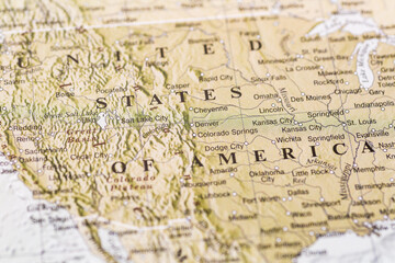 Fototapeta premium World map. USA on geographical map, world tourism, destination. Political map close-up. Photo.