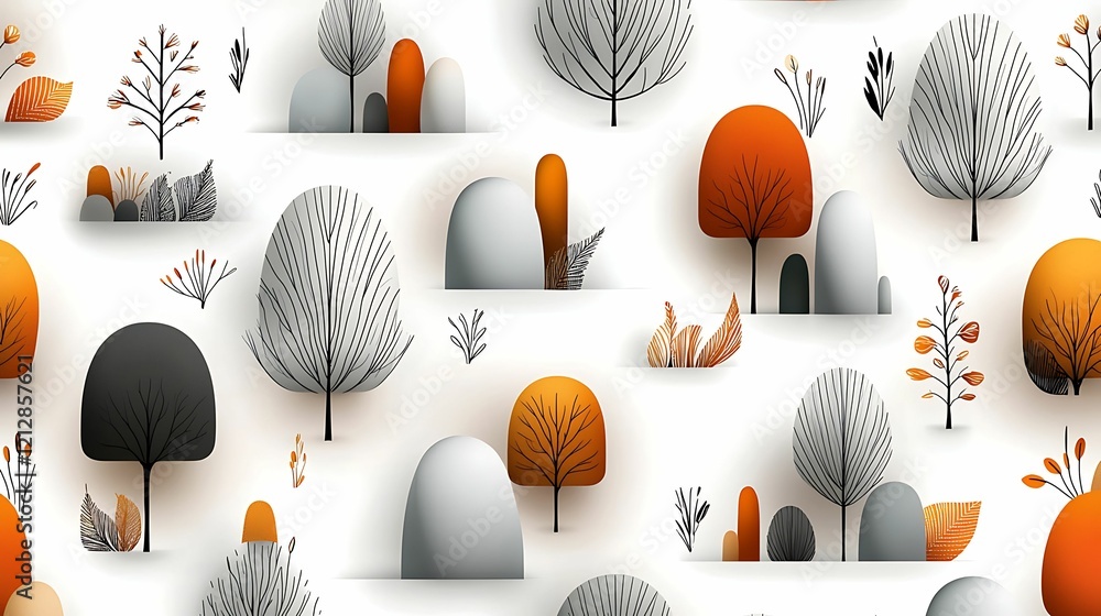 Poster colorful abstract pattern featuring stylized trees and shapes in orange, gray, and white against a l