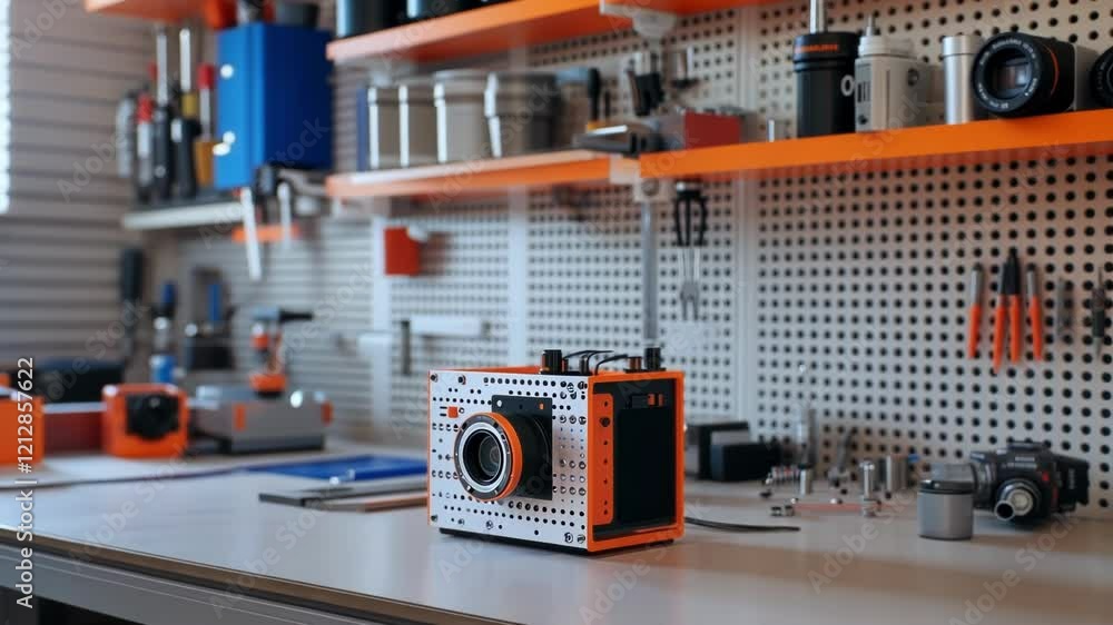 Poster modern orange and black camera being assembled on a workbench in a well organized workshop, showcasi