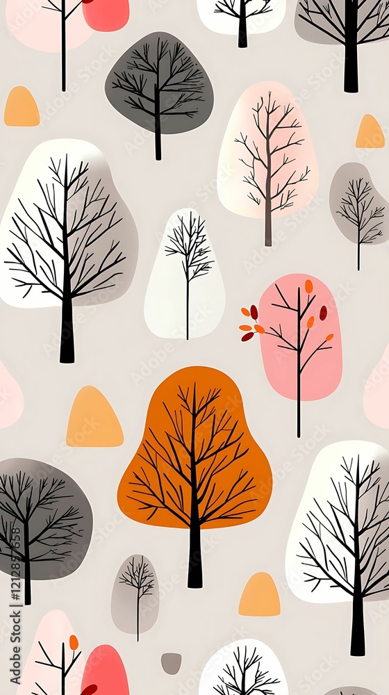 Poster colorful abstract pattern featuring stylized trees and organic shapes in muted tones. trees various 