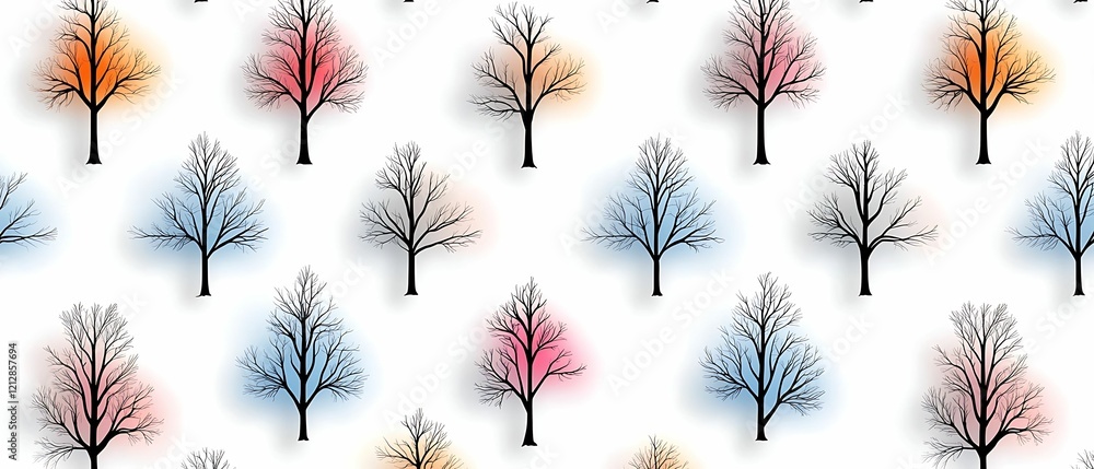 Poster colorful patterned trees with varying shades on a white background, creating a whimsical and artisti