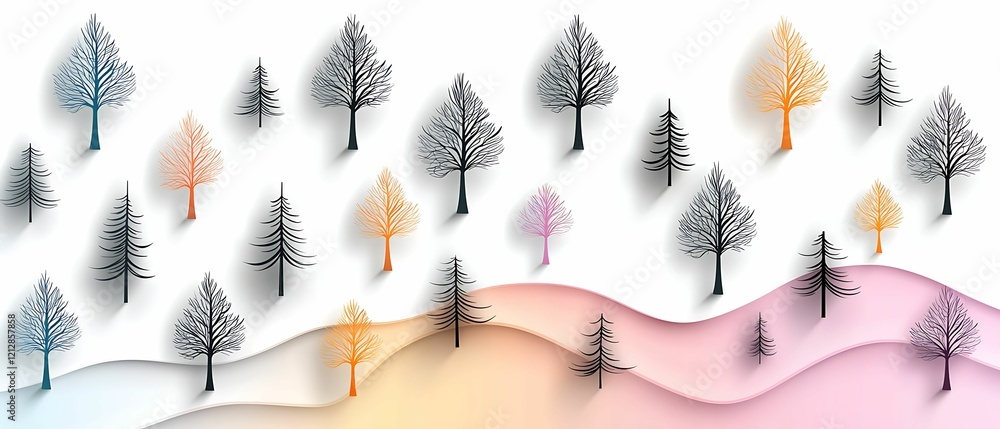 Aufkleber colorful abstract landscape featuring stylized trees and flowing hills, creating a serene and artist