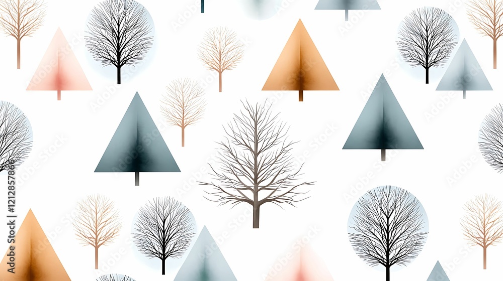 Aufkleber colorful abstract pattern featuring various trees and geometric shapes on a white background, suitab