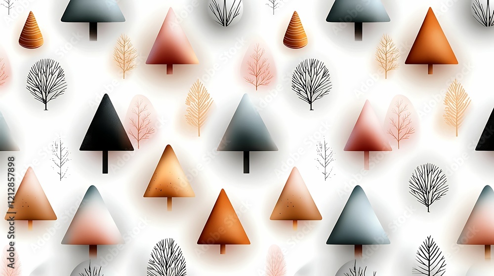 Aufkleber colorful geometric trees in a seamless pattern, combining various shapes and shades against a light 