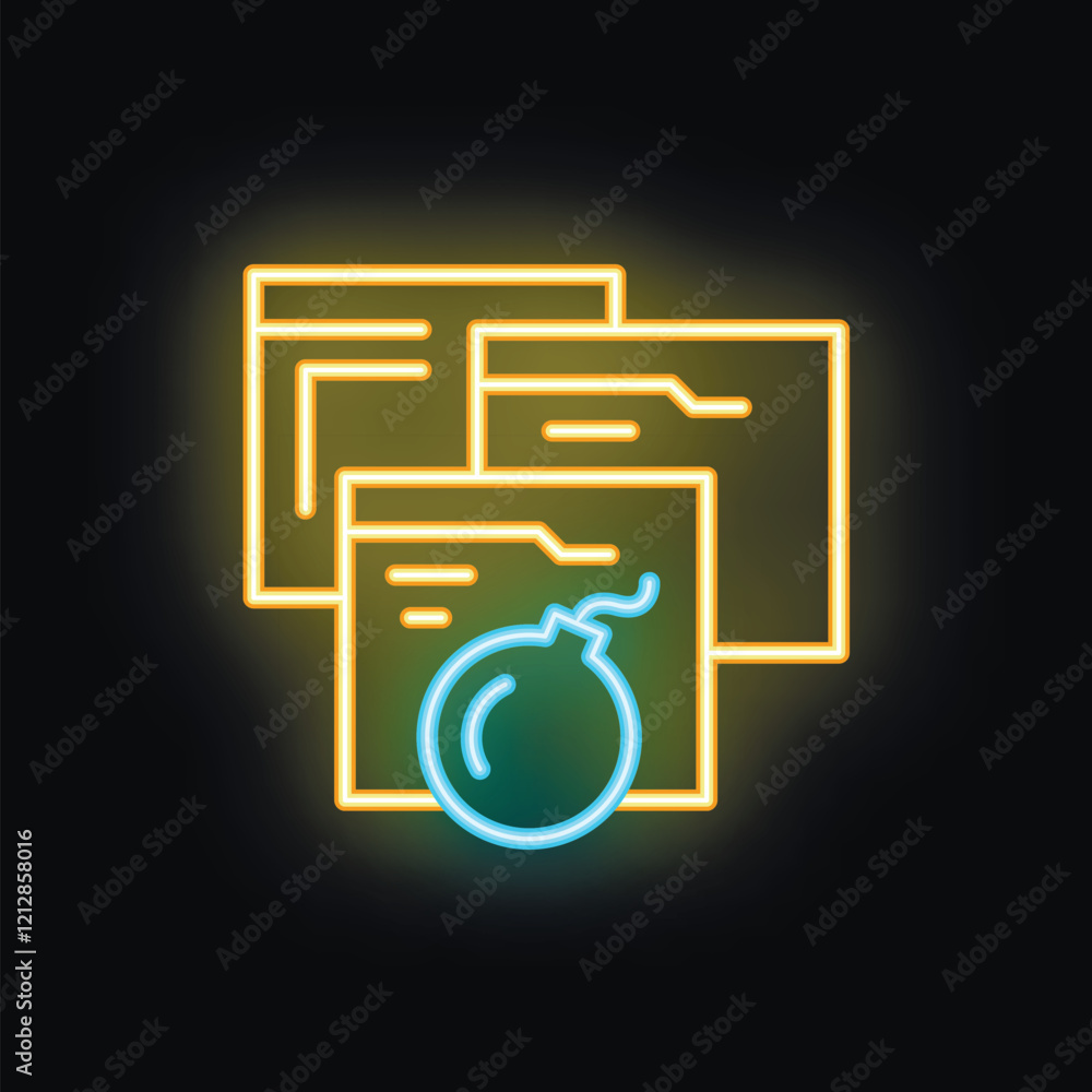 Poster neon icon glowing on a dark background representing a bomb threatening computer files, perfect for i
