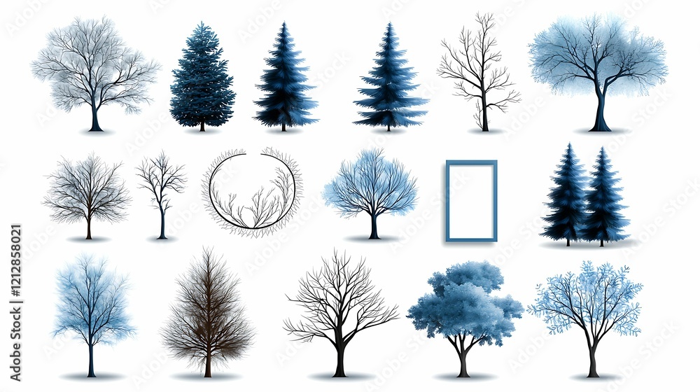 Aufkleber various tree silhouettes in shades of blue, arranged in a grid pattern, including different types an