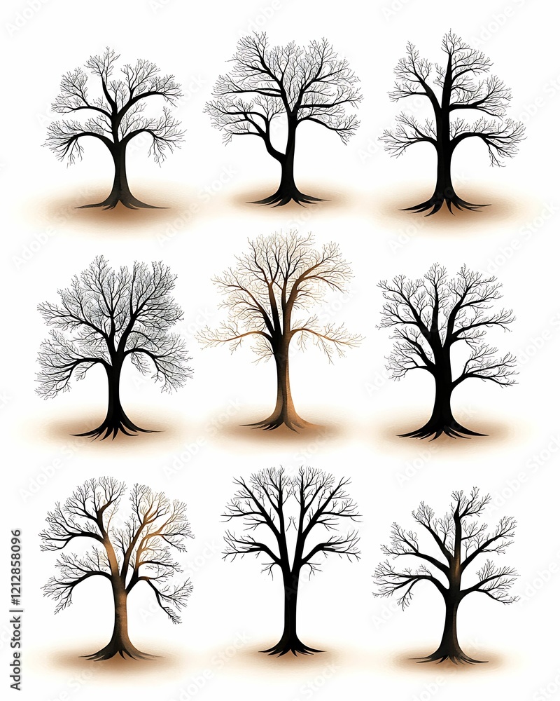 Aufkleber nine artistic tree illustrations depict various states of leafless trees in a grid format, showcasin