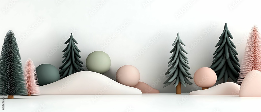 Aufkleber a serene winter landscape featuring stylized trees and colorful spherical shapes, creating a whimsic