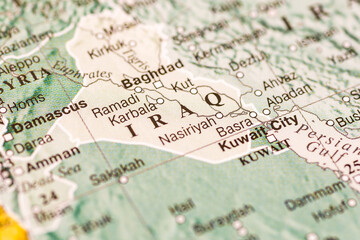 World map. Iraq on the geographical map, world tourism, destination. Political map close-up. Photo.