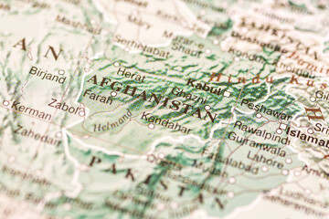 World map. Afghanistan on the geographical map, world tourism, destination. Political map close-up. Photo.