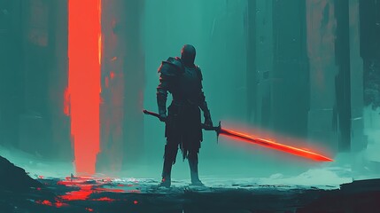 A knight in shadow-forged armor with a radiant blade standing in a somber void