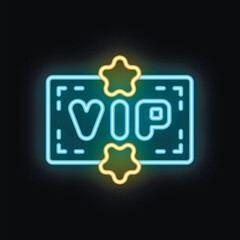 Blue neon sign of vip card with stars glowing on black brick wall