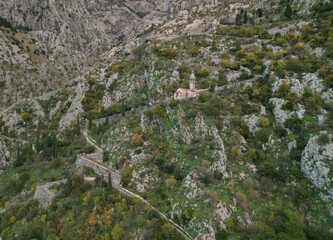fortress of kotor city in montenegro - aerial drone view