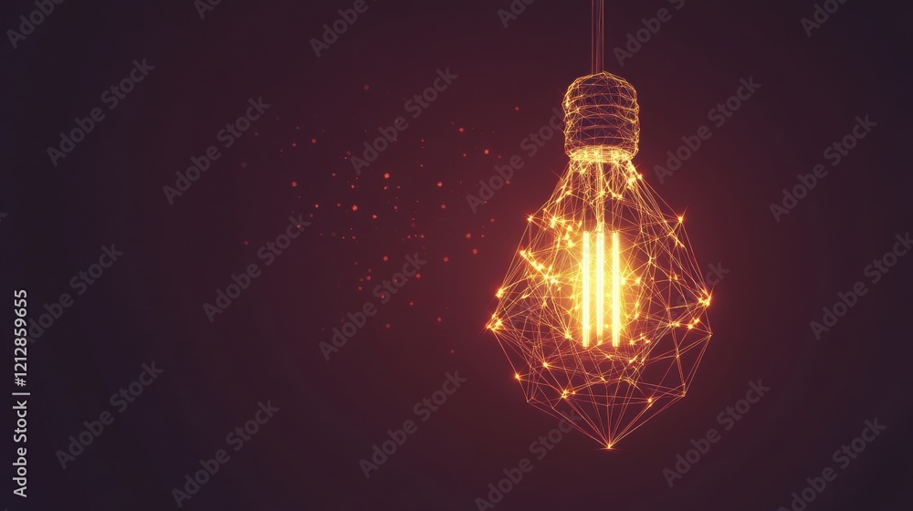 Poster light bulb with wire hanging from ceiling against a plain background in a minimalist setting