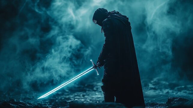 A shadowed knight in black iron holding a luminous sword standing in a world of despair