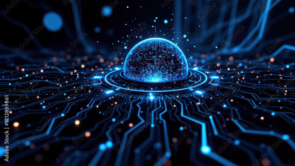 Poster a futuristic depiction of artificial intelligence with glowing circuitry around a central sphere.
