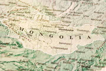 World map.Mongolia on the geographical map, world tourism, destination. Political map close-up photo.