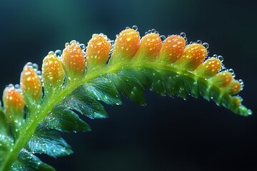Naklejka premium Vibrant green fern with orange tips covered in water drops on a dark background