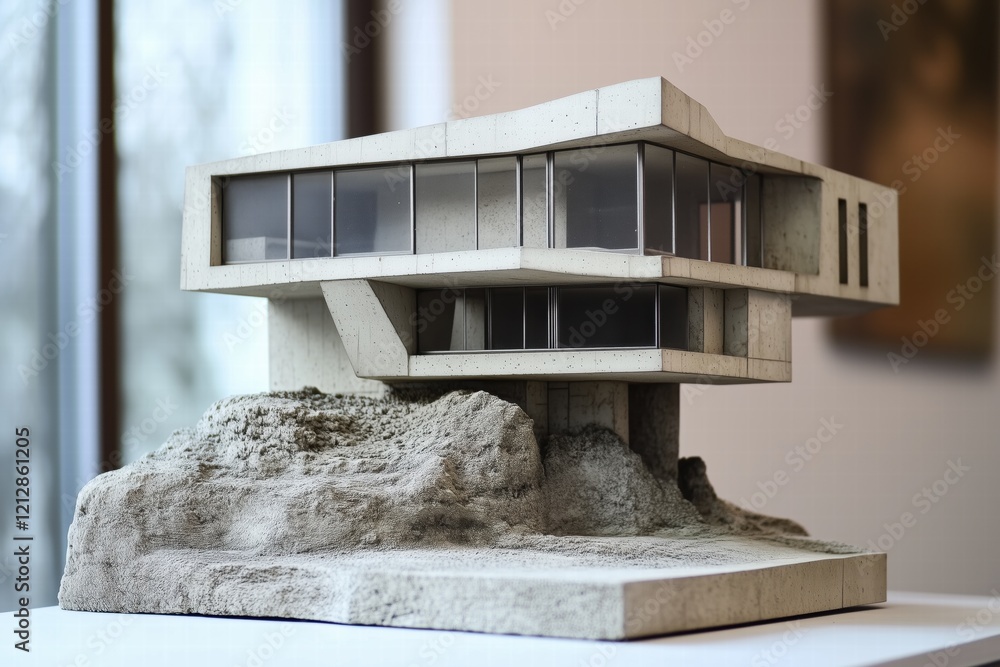 Poster a detailed architectural model of a modern brutalist style house, featuring a unique design with lar