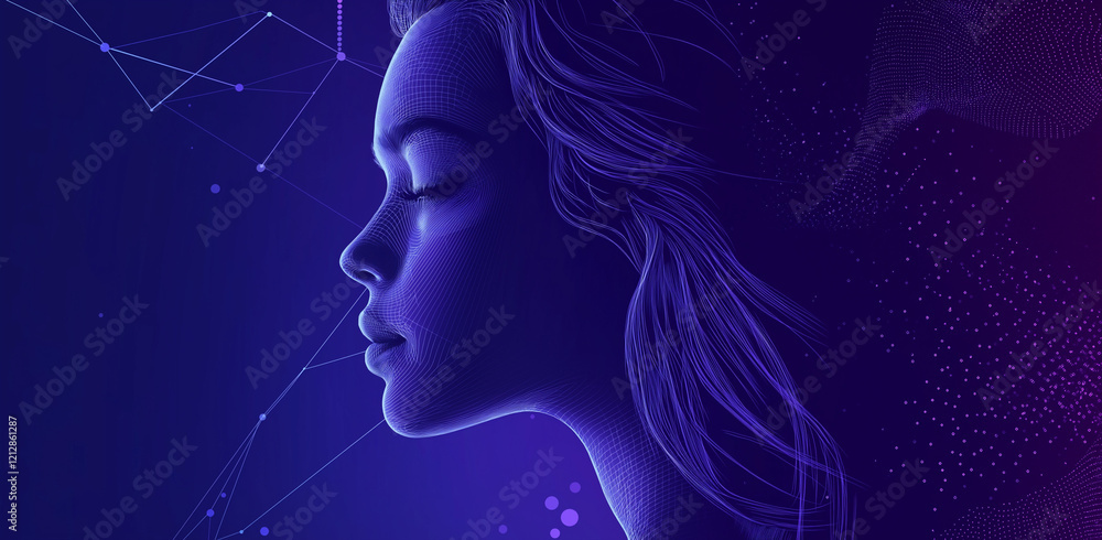 Poster abstract geometric background with triangles and dots in blue, purple, and pink colors, futuristic d