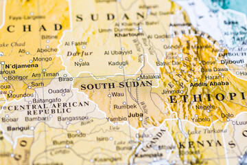 World map.South Sudan on the geographical map, world tourism, destination. Political map close-up photo.