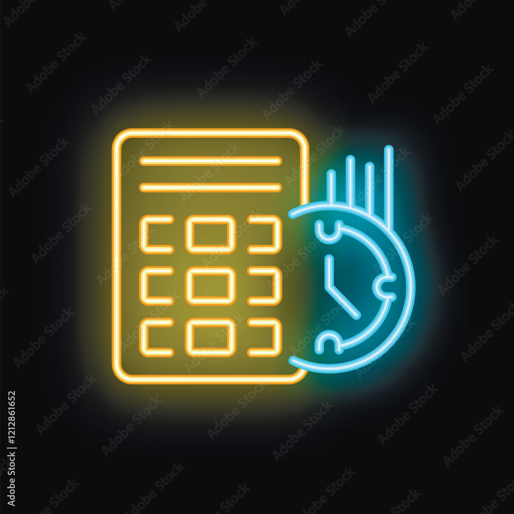 Poster neon icon of a clock moving fast next to a calculator, representing the concept of time management